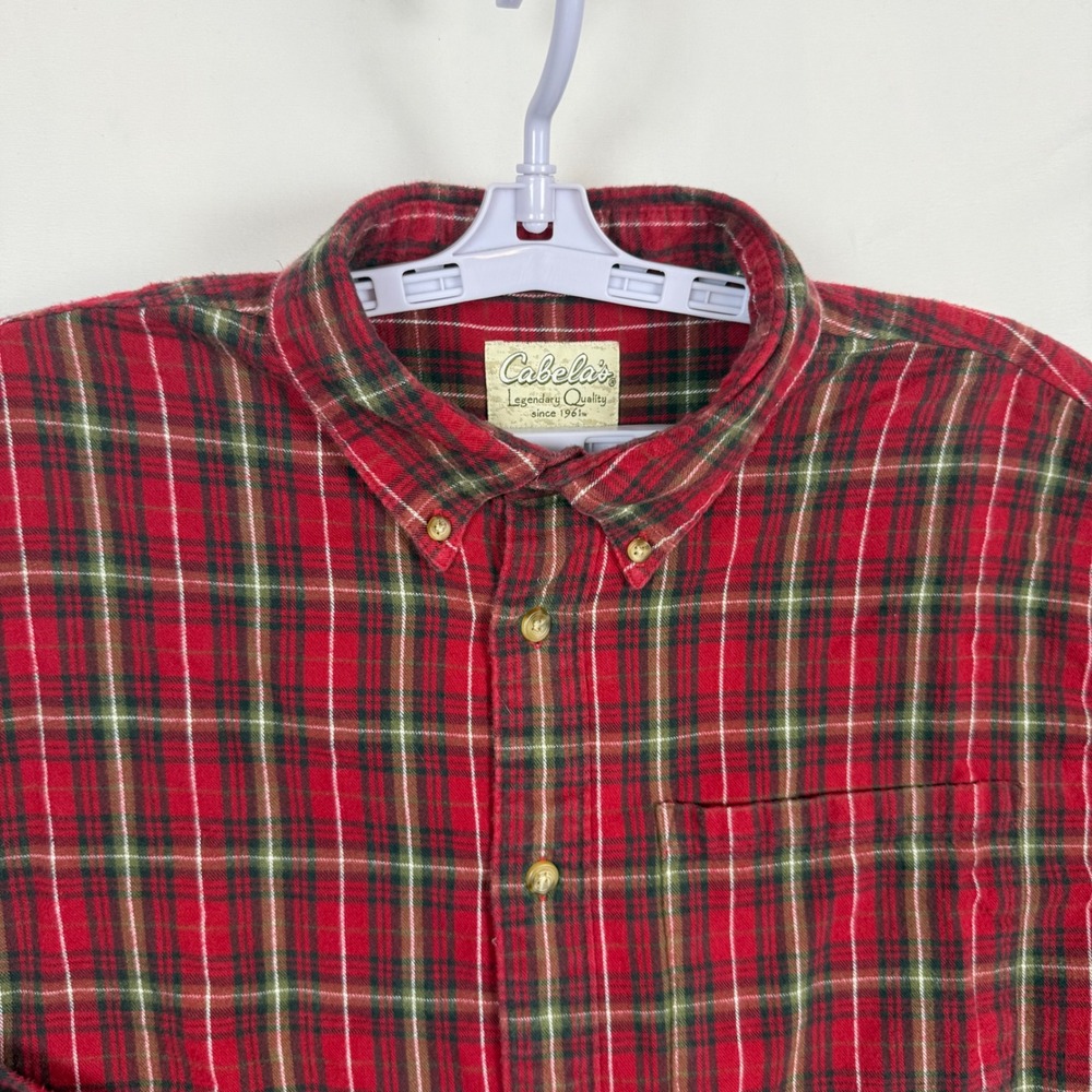 Cabelas Mens XL Red Green Plaid Long Sleeve Button Front Cotton Shirt 90-6216